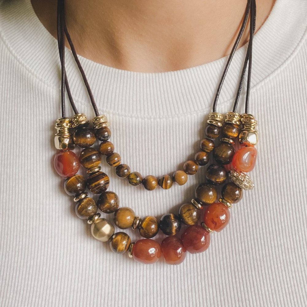 Chico's Tiger Eye Red Gemstone Beaded Bib Statement Three Layer Cord Necklace